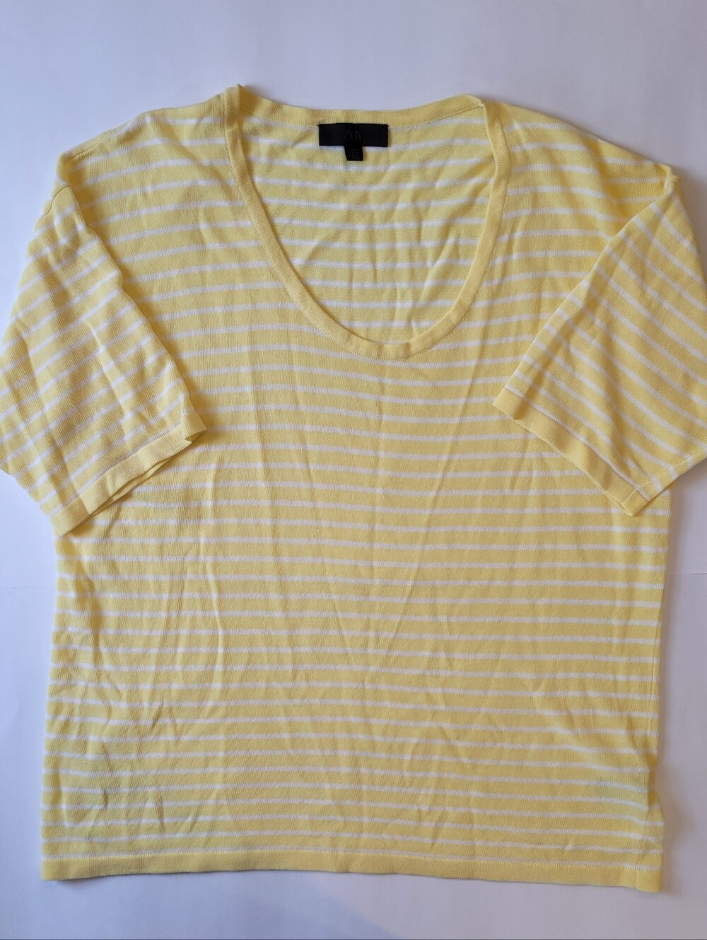 Zara Yellow White Striped Linen Blend Knit Scoop Neck Tee L - Picture 3 of 13